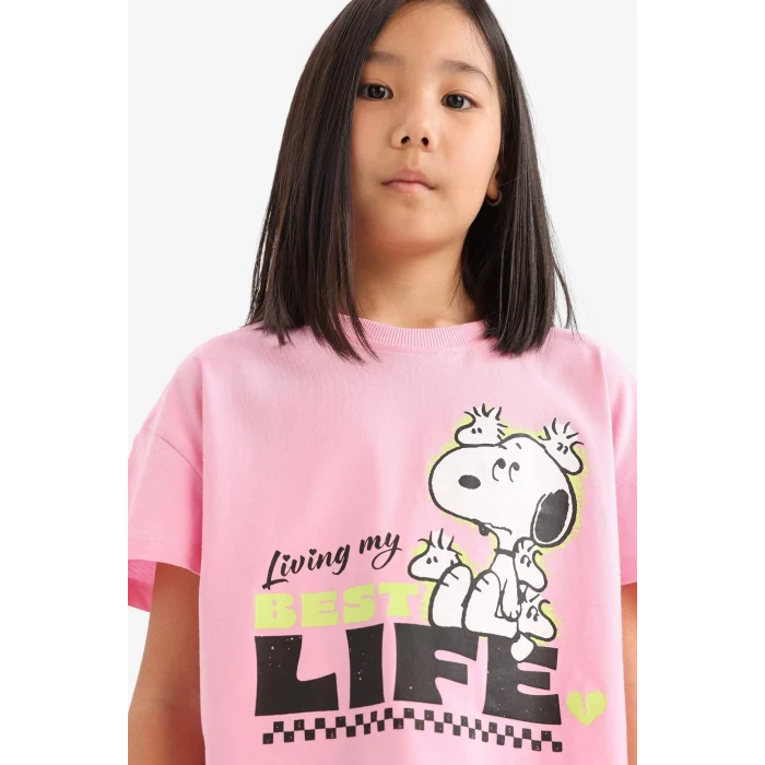 Defacto E8160 Pembe Kız Çocuk Snoopy Bisiklet Yaka Kısa Kollu Tişört