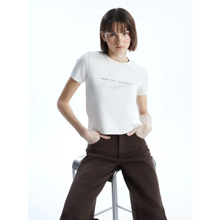 LCW Vision Bej Bisiklet Yaka Baskılı Kadın Tişört