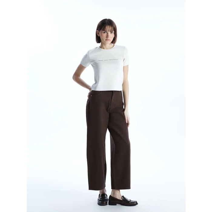 LCW Vision Bej Bisiklet Yaka Baskılı Kadın Tişört