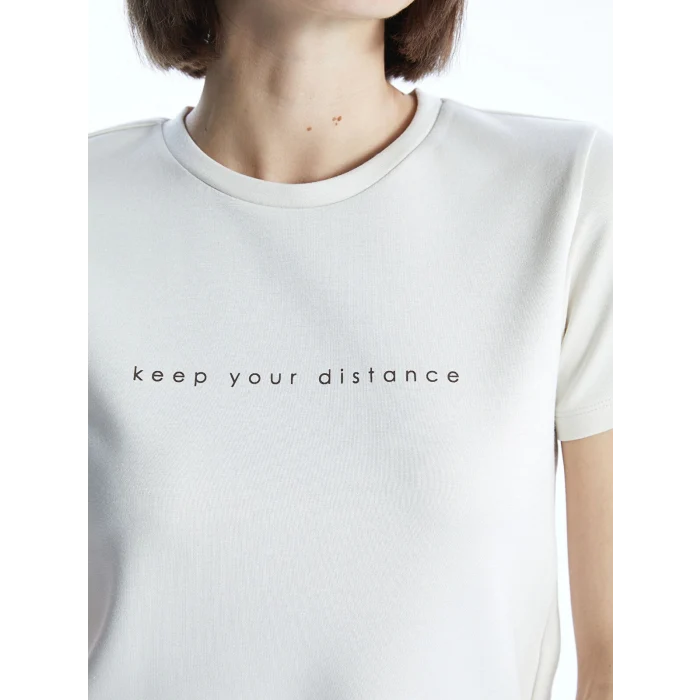 LCW Vision Bej Bisiklet Yaka Baskılı Kadın Tişört