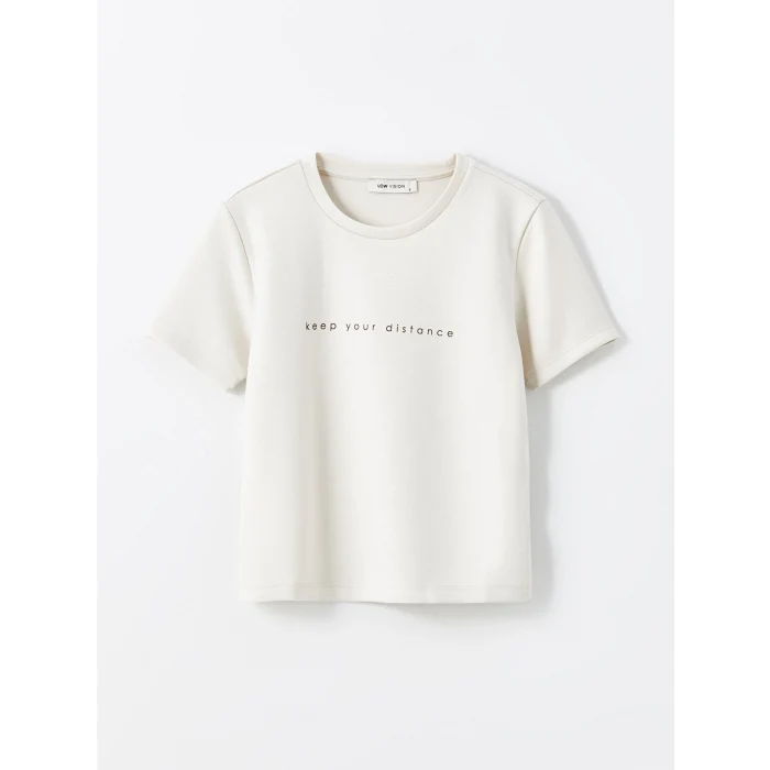 LCW Vision Bej Bisiklet Yaka Baskılı Kadın Tişört