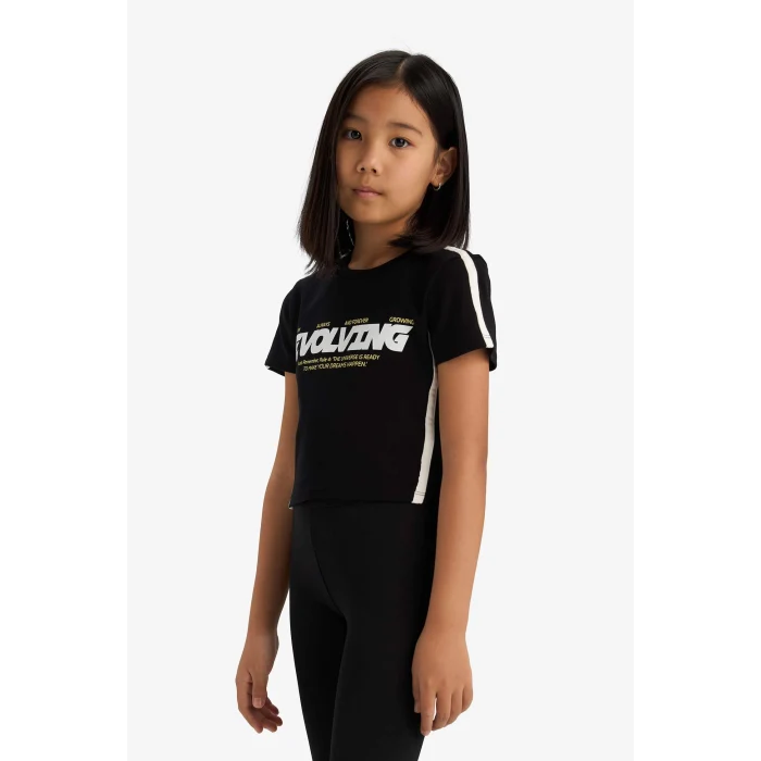 Defacto E1898 Siyah Kız Çocuk Slim Fit Dar Kesim Bisiklet Yaka Baskılı Fitilli Kaşkorse Kısa Kollu Tişört
