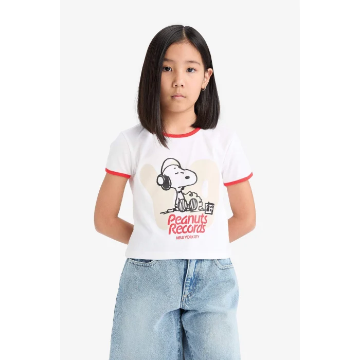 Defacto E0869 Beyaz Kız Çocuk Snoopy Crop Bisiklet Yaka Kaşkorse Kısa Kollu Tişört