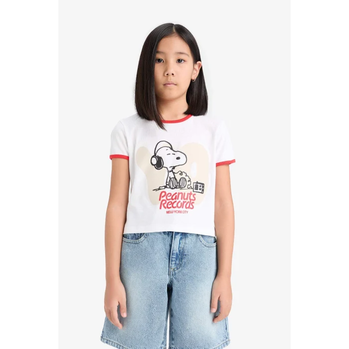 Defacto E0869 Beyaz Kız Çocuk Snoopy Crop Bisiklet Yaka Kaşkorse Kısa Kollu Tişört