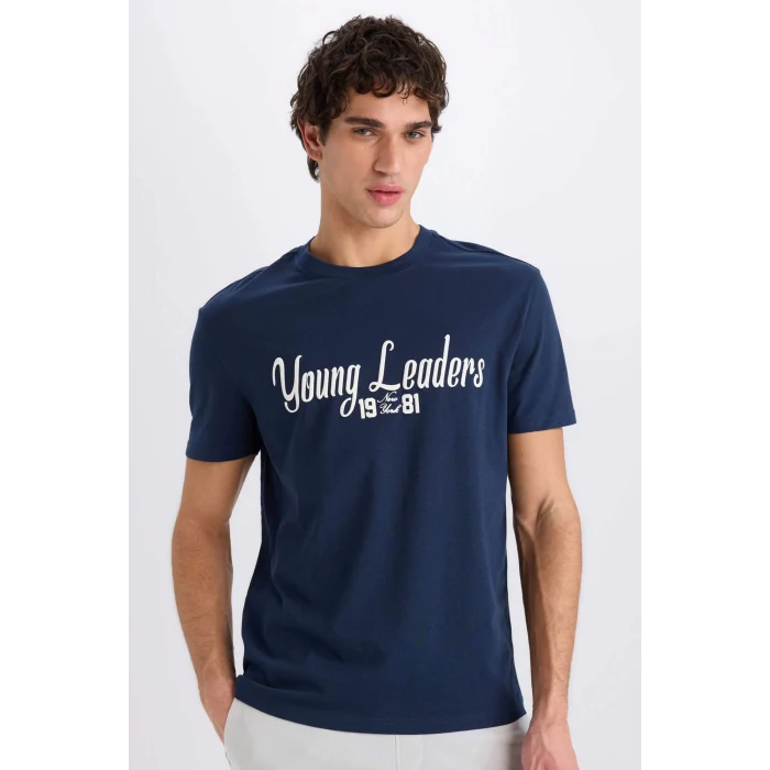 Defacto E0593 Lacivert %100 Pamuk Regular Fit Bisiklet Yaka Baskılı Kısa Kollu Tişört