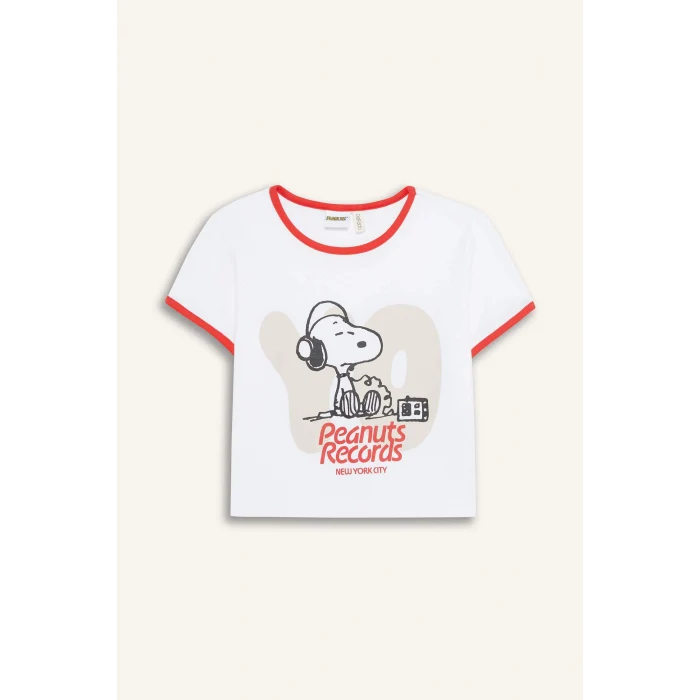 Defacto E0869 Beyaz Kız Çocuk Snoopy Crop Bisiklet Yaka Kaşkorse Kısa Kollu Tişört
