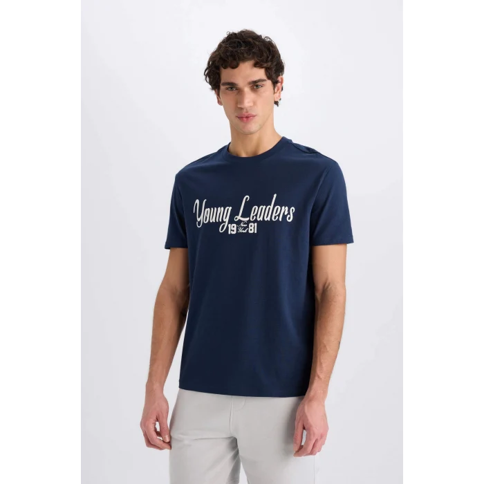 Defacto E0593 Lacivert %100 Pamuk Regular Fit Bisiklet Yaka Baskılı Kısa Kollu Tişört