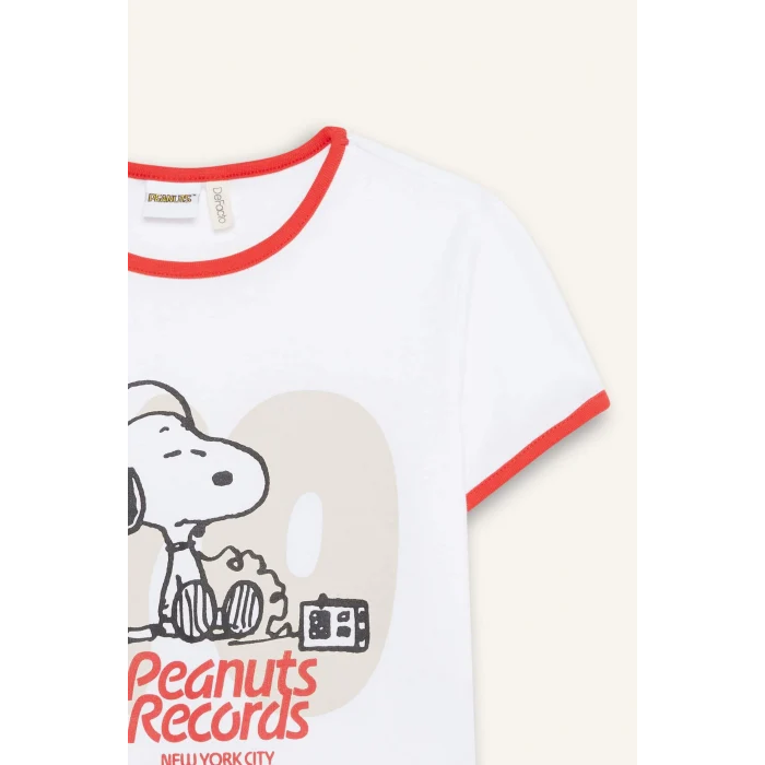 Defacto E0869 Beyaz Kız Çocuk Snoopy Crop Bisiklet Yaka Kaşkorse Kısa Kollu Tişört