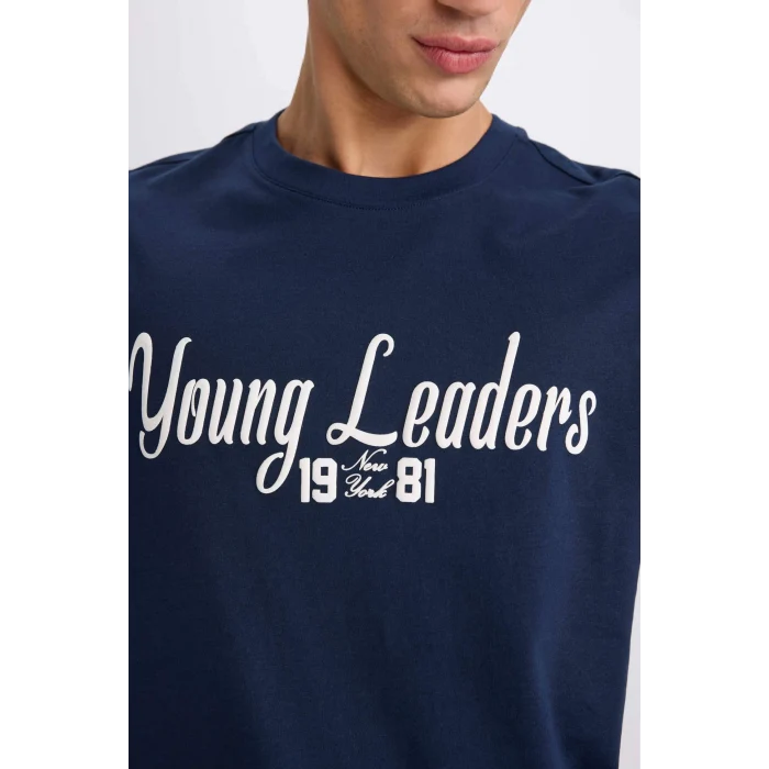 Defacto E0593 Lacivert %100 Pamuk Regular Fit Bisiklet Yaka Baskılı Kısa Kollu Tişört