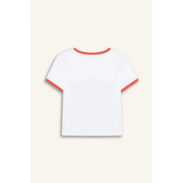 Defacto E0869 Beyaz Kız Çocuk Snoopy Crop Bisiklet Yaka Kaşkorse Kısa Kollu Tişört