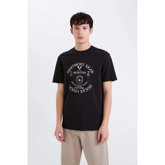 Defacto E1329 Siyah %100 Pamuk Regular Fit Bisiklet Yaka Baskılı Kısa Kollu Tişört