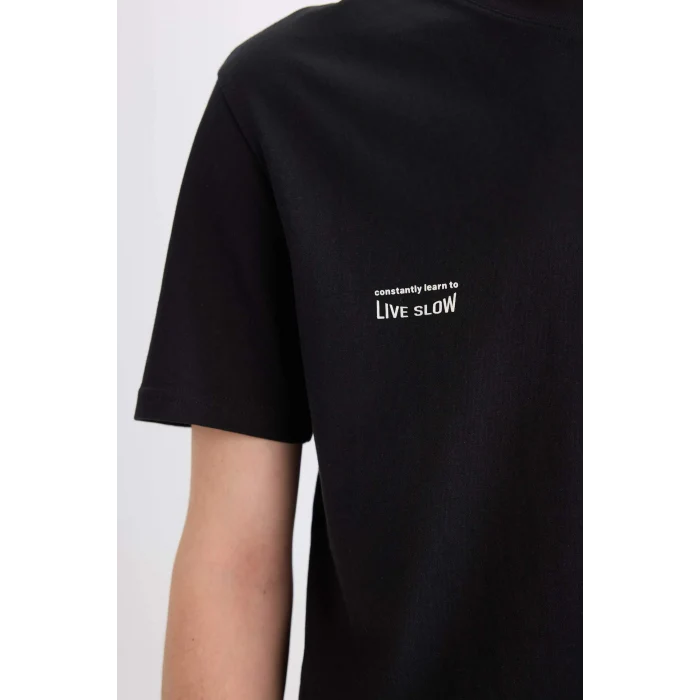 Defacto E0583 Siyah %100 Pamuk Regular Fit Bisiklet Yaka Baskılı Kısa Kollu Tişört