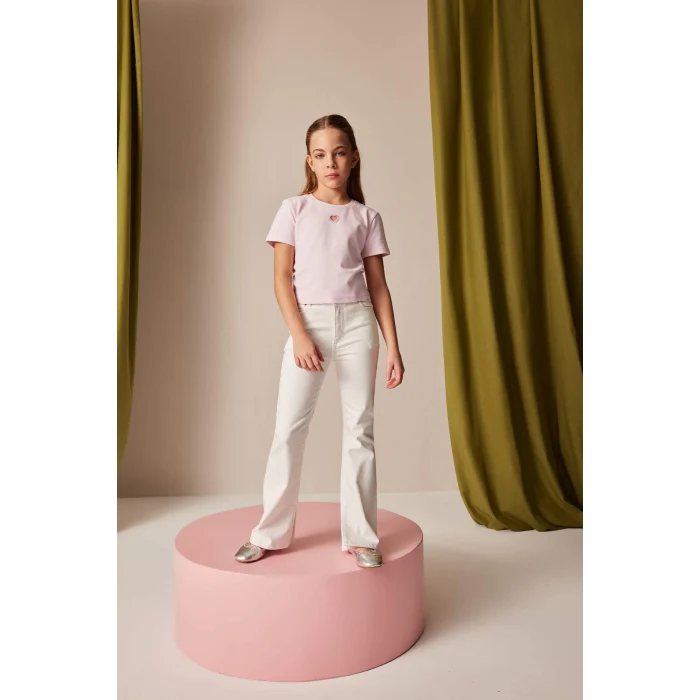 Defacto E0823 Pembe Kız Çocuk Slim Fit Dar Kesim Bisiklet Yaka Kalp Desenli Ribana Kısa Kollu Tişört