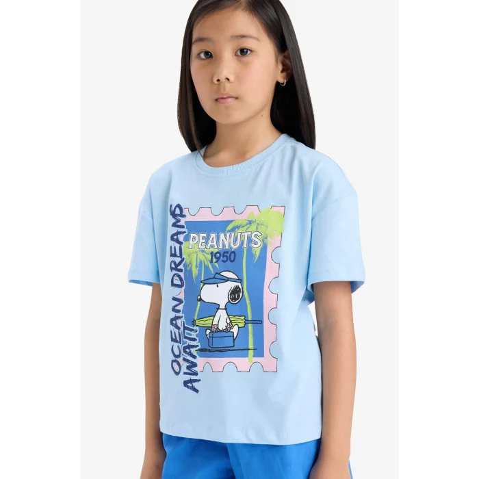Defacto E8159 Mavi Kız Çocuk Snoopy Relax Fit Bisiklet Yaka Kısa Kollu Tişört