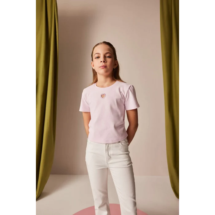 Defacto E0823 Pembe Kız Çocuk Slim Fit Dar Kesim Bisiklet Yaka Kalp Desenli Ribana Kısa Kollu Tişört