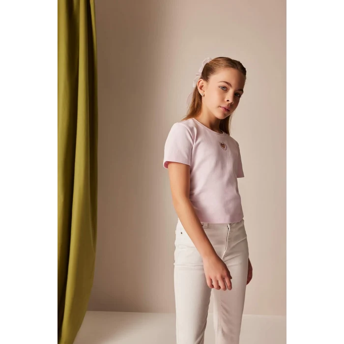 Defacto E0823 Pembe Kız Çocuk Slim Fit Dar Kesim Bisiklet Yaka Kalp Desenli Ribana Kısa Kollu Tişört