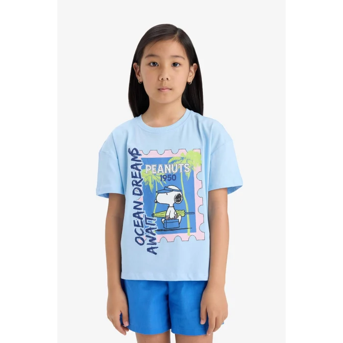Defacto E8159 Mavi Kız Çocuk Snoopy Relax Fit Bisiklet Yaka Kısa Kollu Tişört