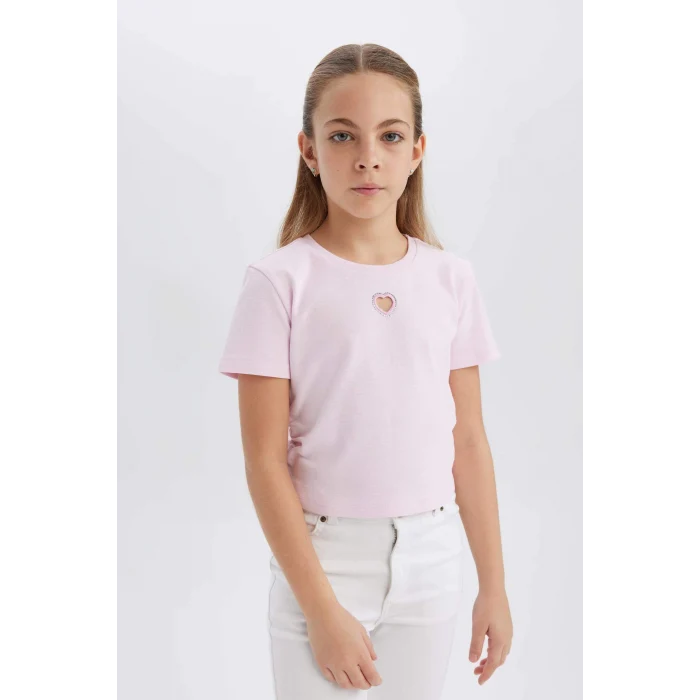 Defacto E0823 Pembe Kız Çocuk Slim Fit Dar Kesim Bisiklet Yaka Kalp Desenli Ribana Kısa Kollu Tişört