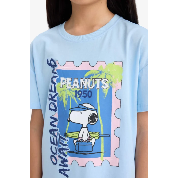 Defacto E8159 Mavi Kız Çocuk Snoopy Relax Fit Bisiklet Yaka Kısa Kollu Tişört