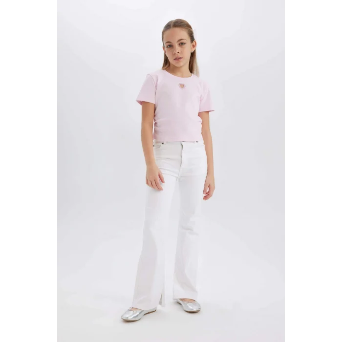 Defacto E0823 Pembe Kız Çocuk Slim Fit Dar Kesim Bisiklet Yaka Kalp Desenli Ribana Kısa Kollu Tişört