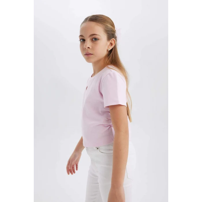 Defacto E0823 Pembe Kız Çocuk Slim Fit Dar Kesim Bisiklet Yaka Kalp Desenli Ribana Kısa Kollu Tişört
