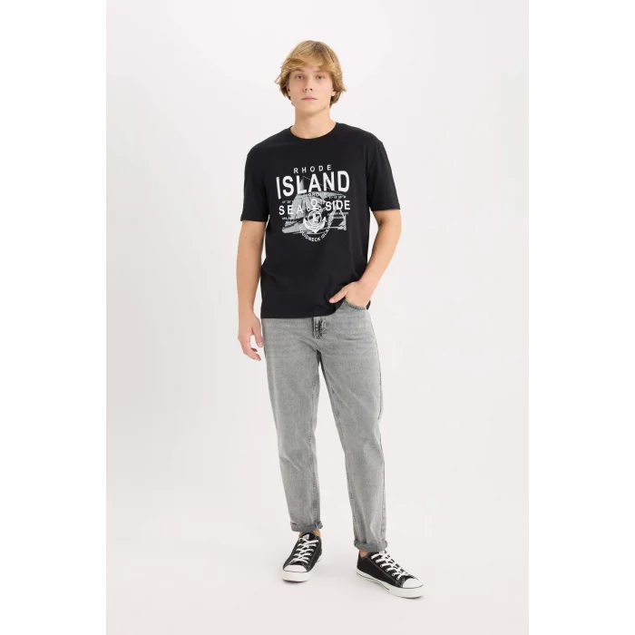 Defacto D9353 Siyah %100 Pamuk Regular Fit Bisiklet Yaka Baskılı Kısa Kollu Tişört