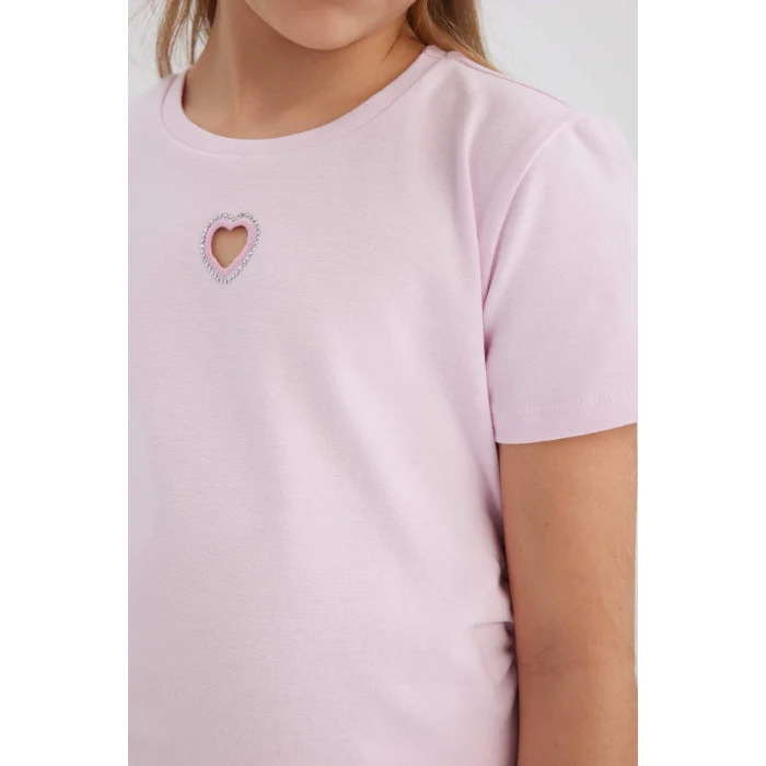 Defacto E0823 Pembe Kız Çocuk Slim Fit Dar Kesim Bisiklet Yaka Kalp Desenli Ribana Kısa Kollu Tişört