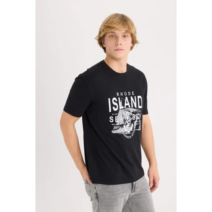 Defacto D9353 Siyah %100 Pamuk Regular Fit Bisiklet Yaka Baskılı Kısa Kollu Tişört