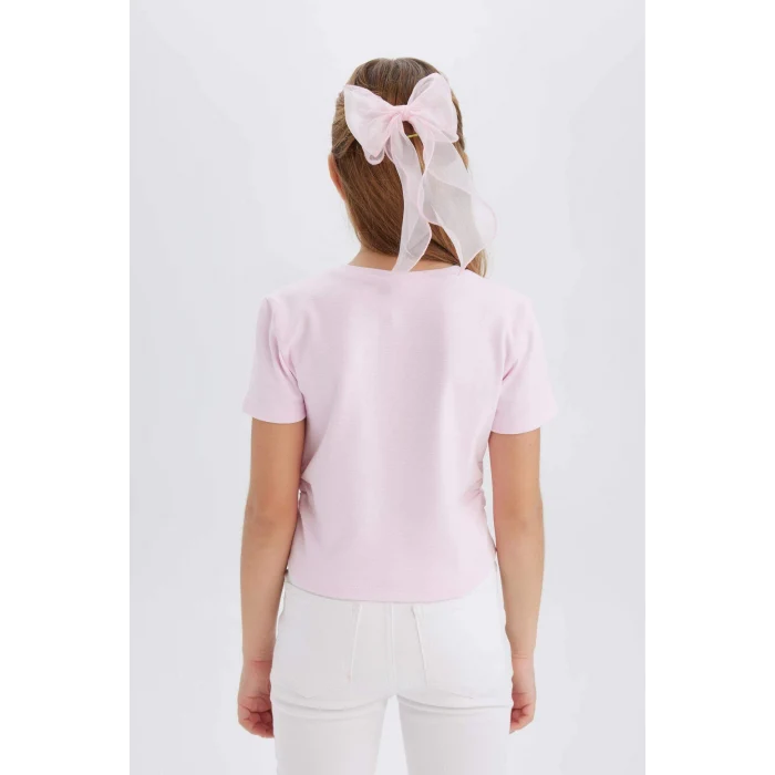 Defacto E0823 Pembe Kız Çocuk Slim Fit Dar Kesim Bisiklet Yaka Kalp Desenli Ribana Kısa Kollu Tişört