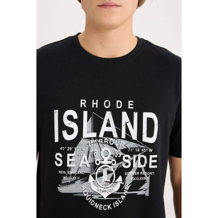 Defacto D9353 Siyah %100 Pamuk Regular Fit Bisiklet Yaka Baskılı Kısa Kollu Tişört