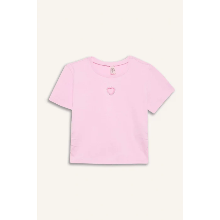 Defacto E0823 Pembe Kız Çocuk Slim Fit Dar Kesim Bisiklet Yaka Kalp Desenli Ribana Kısa Kollu Tişört