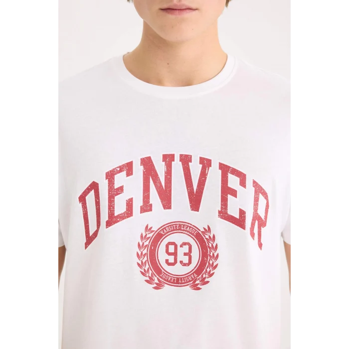 Defacto D5576 Ekru %100 Pamuk Regular Fit Bisiklet Yaka Baskılı Kısa Kollu Tişört