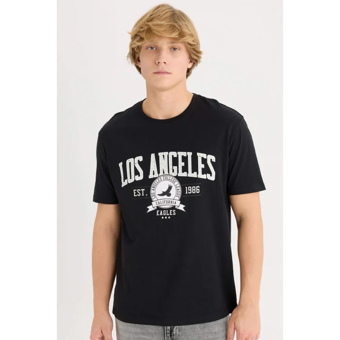 Defacto D5577 Siyah %100 Pamuk Regular Fit Bisiklet Yaka Baskılı Kısa Kollu Tişört