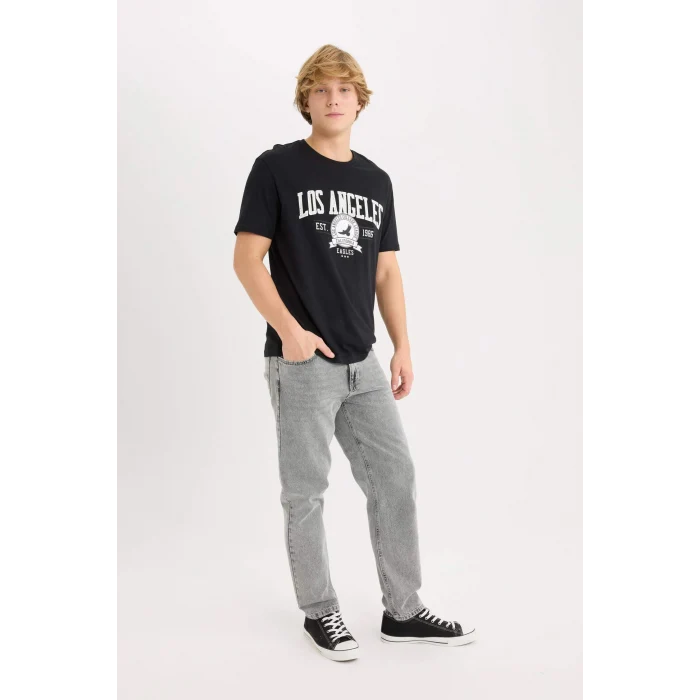 Defacto D5577 Siyah %100 Pamuk Regular Fit Bisiklet Yaka Baskılı Kısa Kollu Tişört