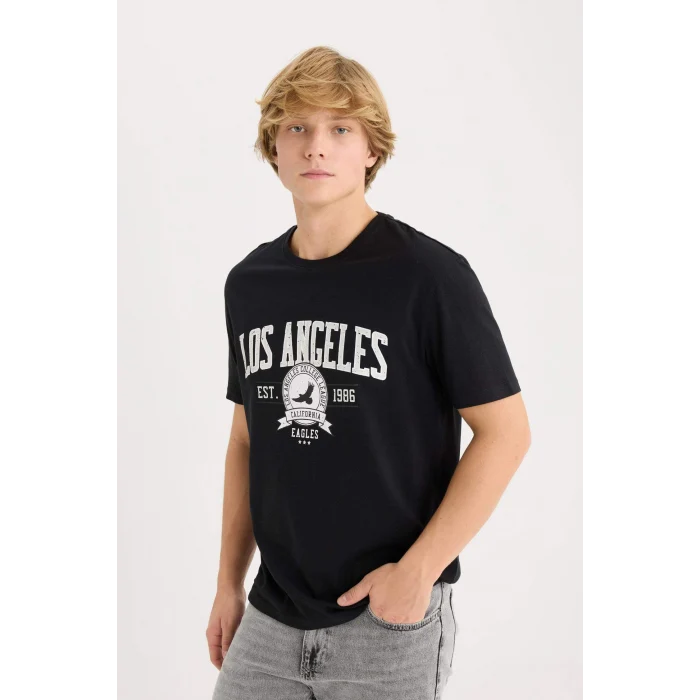 Defacto D5577 Siyah %100 Pamuk Regular Fit Bisiklet Yaka Baskılı Kısa Kollu Tişört