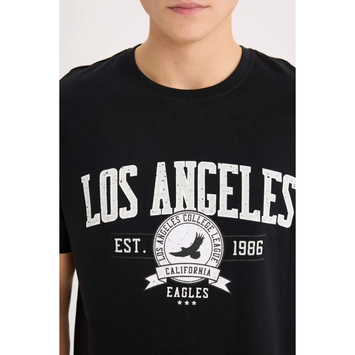 Defacto D5577 Siyah %100 Pamuk Regular Fit Bisiklet Yaka Baskılı Kısa Kollu Tişört