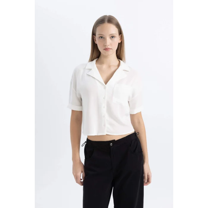 Defacto C3751 Beyaz Coool Oversize Geniş Kalıp Pijama Yaka Kısa Kollu Gömlek