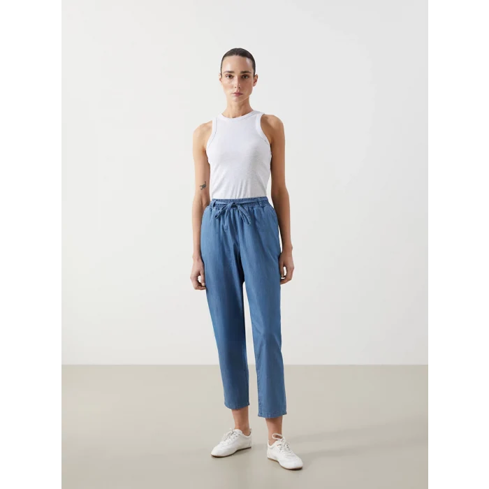 LCW Grace Mavi Beli Lastikli Straight Fit Kadın Jean Pantolon