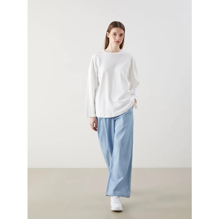 LCW Modest Indigo Beli Lastikli Wideleg Kadın Jean Pantolon