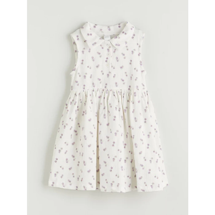 LCW Kids Ekru Bisiklet Yaka Çiçekli Kız Çocuk Elbise