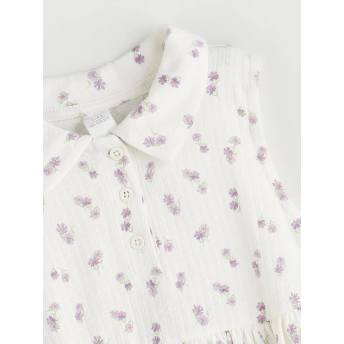 LCW Kids Ekru Bisiklet Yaka Çiçekli Kız Çocuk Elbise