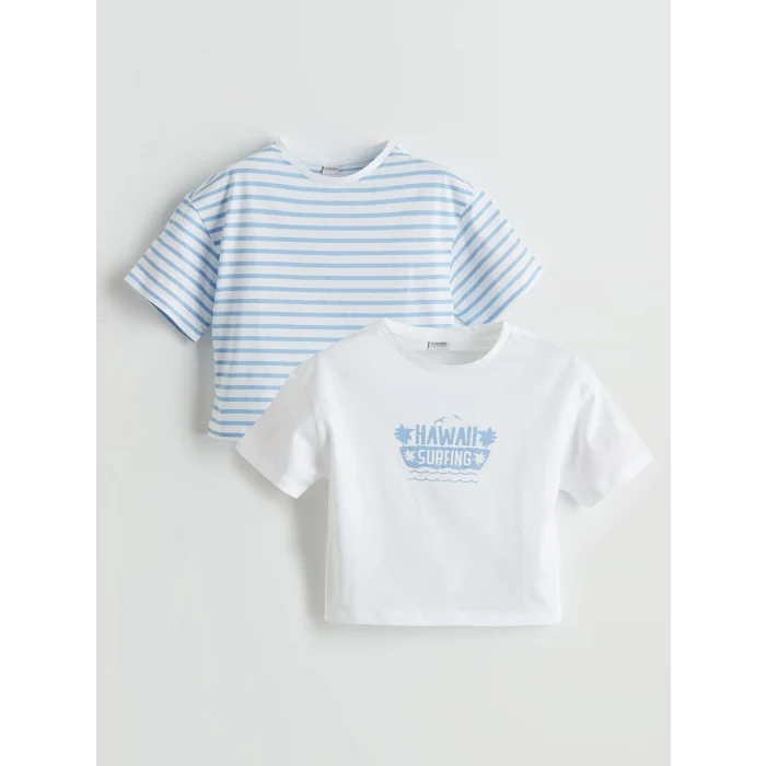 LCW Kids Beyaz Bisiklet Yaka Baskılı Kız Çocuk Tişört 2li