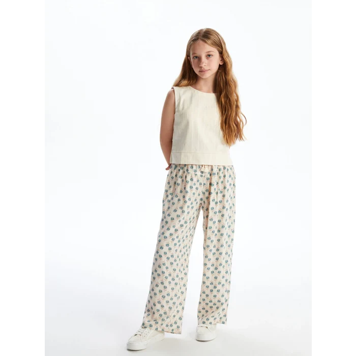 LCW Kids Ekru Beli Lastikli Çiçekli Kız Çocuk Pantolon