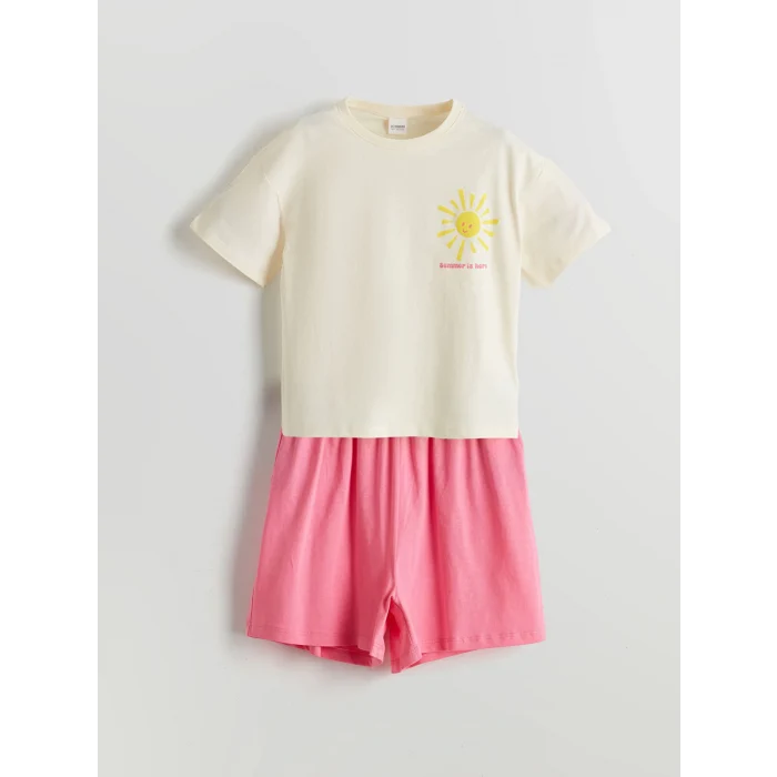 LCW Kids Ekru Bisiklet Yaka Kız Çocuk Şortlu Pijama Takımı