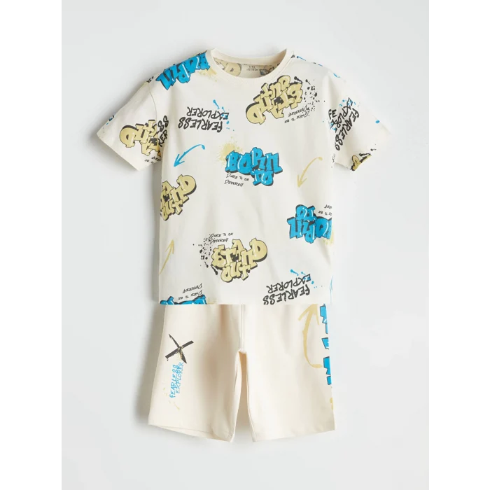LCW Kids Bej Baskılı Erkek Çocuk Tişört ve Şort 2li