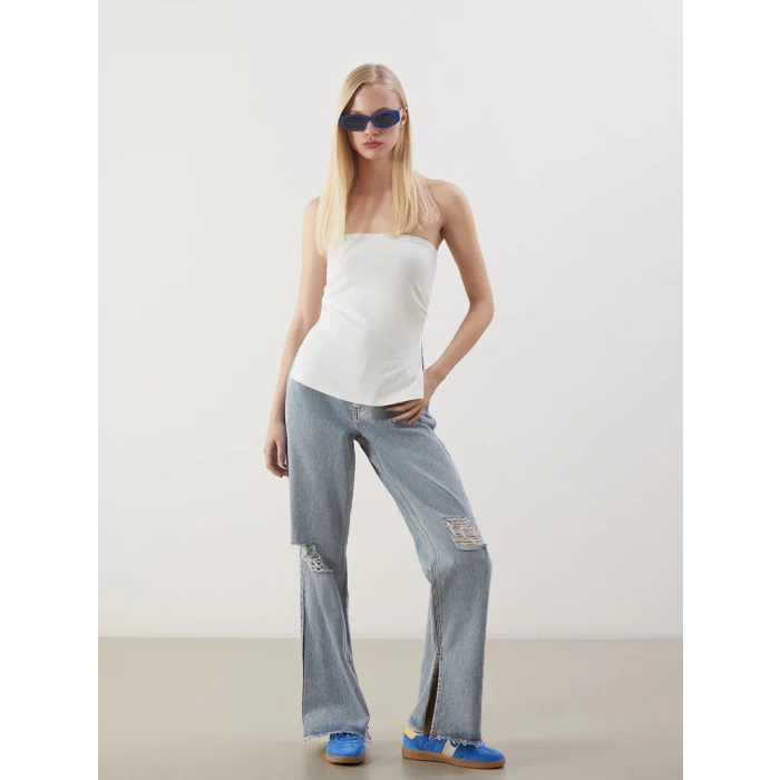 XSIDE Mavi Wideleg Yırtık Detaylı Kadın Jean Pantolon