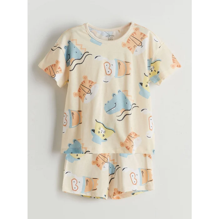 LCW baby Bej Baskılı Erkek Bebek Tişört ve Şort 2li