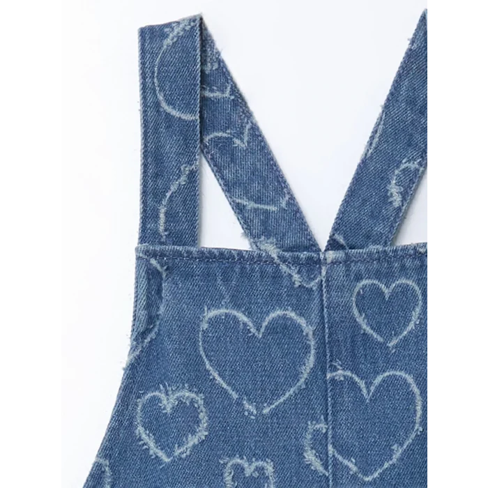 LCW Kids Indigo Kare Yaka Baskılı Kız Çocuk Jean Salopet