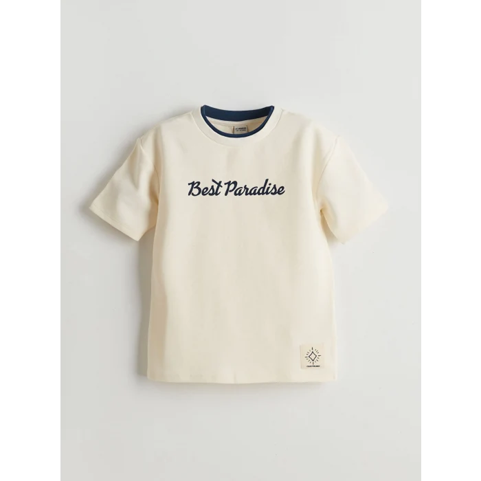 LCW Kids Ekru Bisiklet Yaka Nakışlı Ottoman Biyeli Erkek Çocuk Tişört