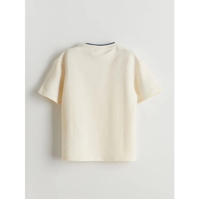 LCW Kids Ekru Bisiklet Yaka Nakışlı Ottoman Biyeli Erkek Çocuk Tişört